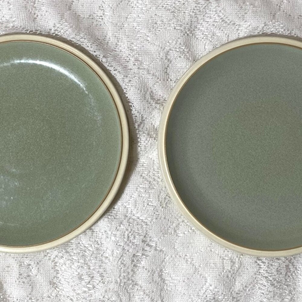 DENBY-LANGLEY Green Celadon Salad Plate - Set of 2, Tan Ring, Celadon Center